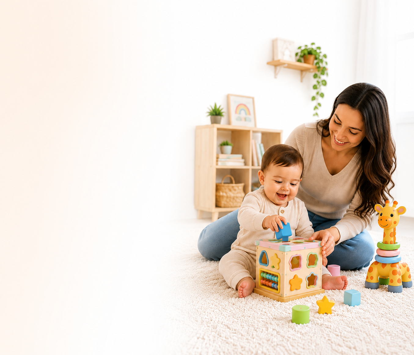 Mãe brincando com bebê em ambiente acolhedor